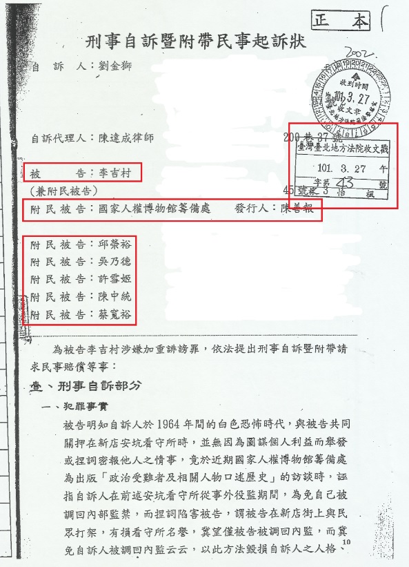 刑事自訴暨附民事起訴狀。為何國家人權館做事老是如此草率？連基本的求證都不用？在人權館回覆監察院的報告中，光是劉金獅提告的時間就有兩個版本，偏偏這兩個版本都錯！真實時間其實是2012年3月27日 圖：監察院提供/張文隆翻攝