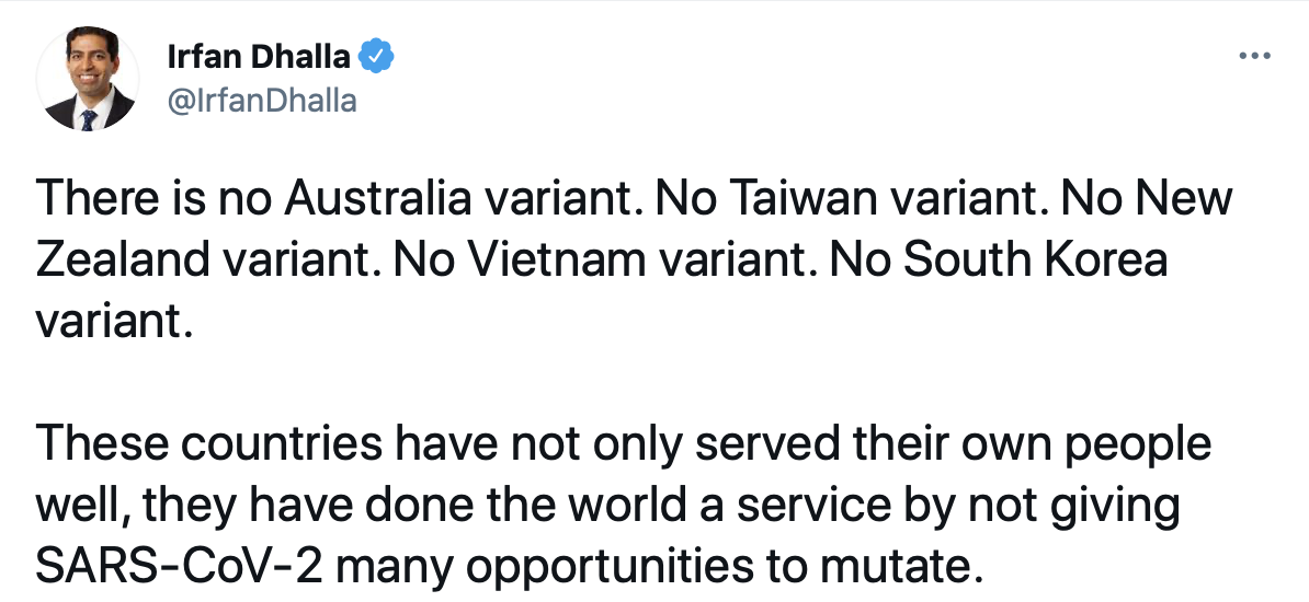 加拿大醫學教授達拉（Irfan Dhalla）在推特發文，盛讚包括台灣等5個國家防疫工作嚴謹，因而杜絕病毒再次變異的機會。 圖：翻攝自Irfan Dhalla推特