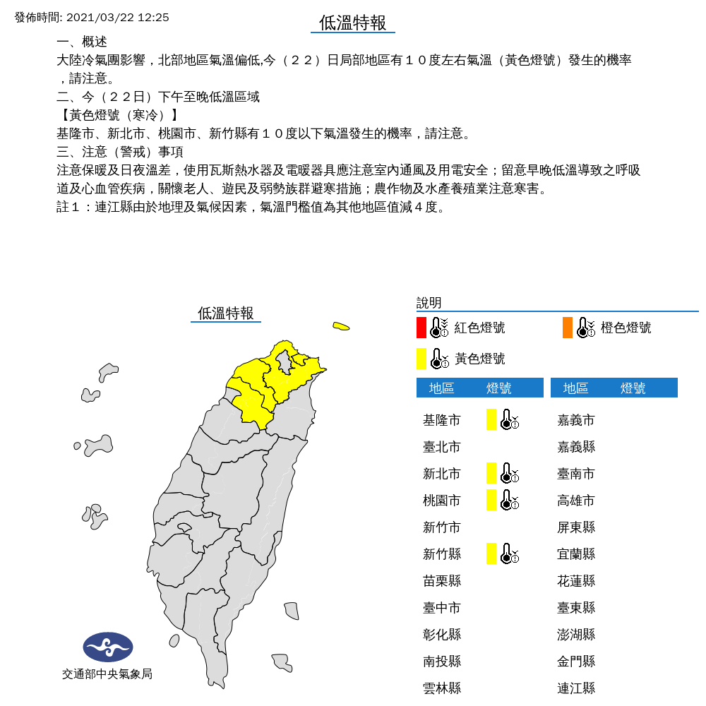 因大陸冷氣團影響，氣象局對4縣市發布低溫特報。 圖：中央氣象局／提供