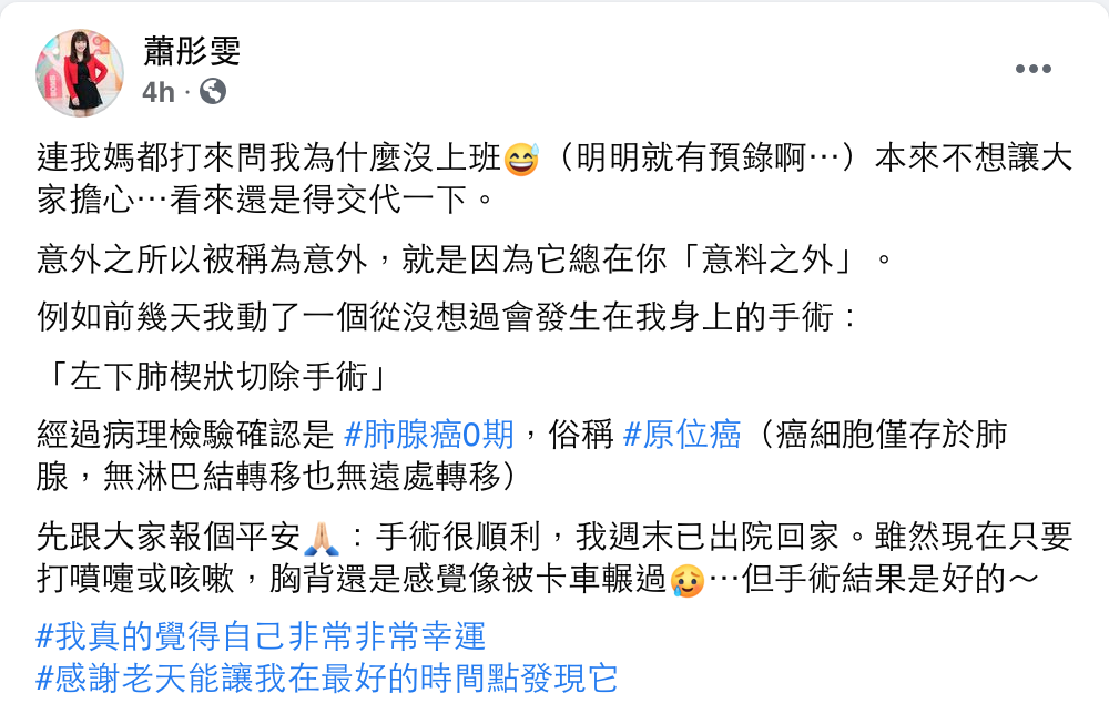 蕭彤雯臉書原文節錄。 圖：翻攝自蕭彤雯FB
