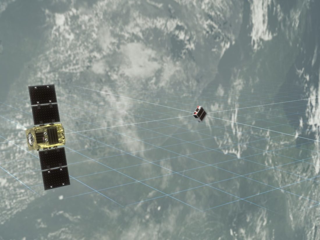 Astroscale打造的人造衛星「ELSA-d」已順利發射升空並進入軌道，將透過內建磁鐵來吸引並清除太空垃圾。圖為Astroscale的ELSA-d衛星作業模擬圖。 圖：翻攝自Astroscale官網