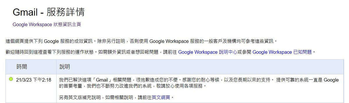 Google宣布已修復系統問題。 圖：截取自Google Workspace 狀態資訊主頁