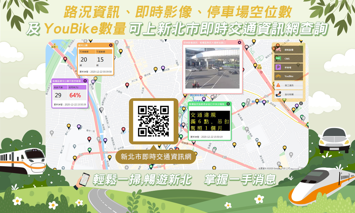路況資訊、即時影像、停車場空位數及YouBike數量可上新北市即時交通資訊網查詢。 圖：新北市交通局提供