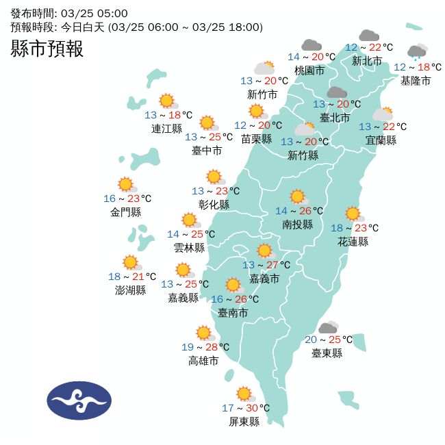 今天各地大多為多雲到晴的天氣，僅東半部有零星雨，氣溫則要等到白天，才會回升至攝氏20度以上。 圖：中央氣象局/提供