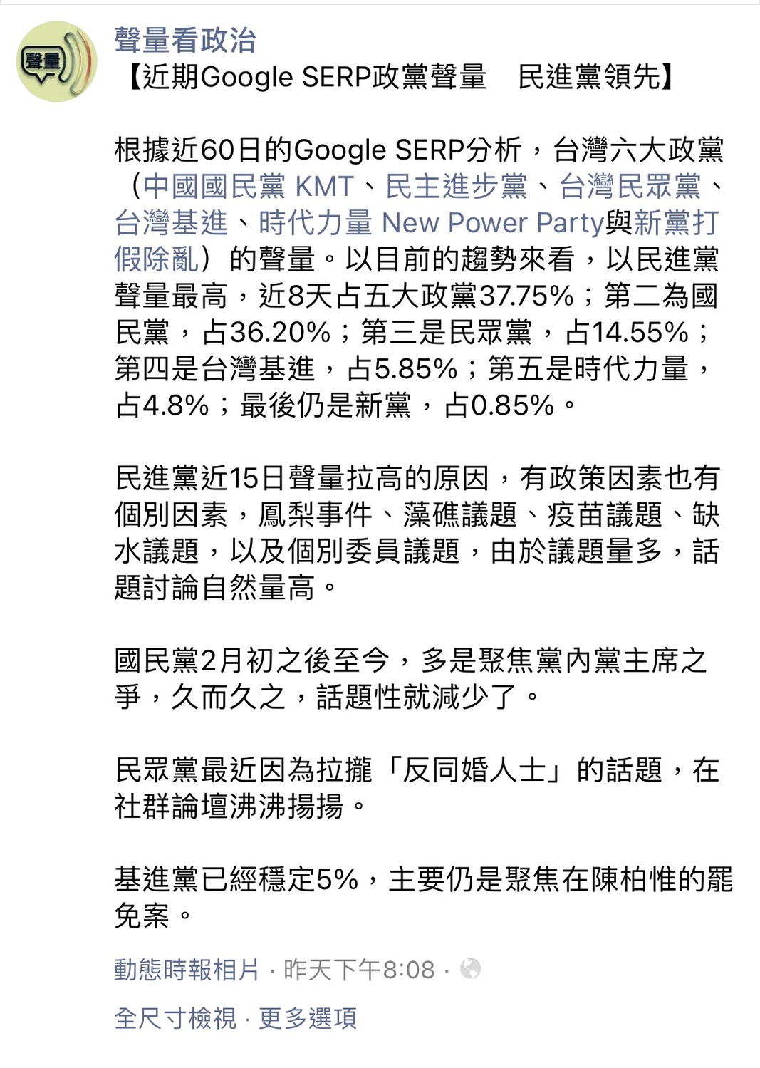「聲量看政治」60日Google SERP分析原文。 圖 : 翻攝自「聲量看政治」臉書
