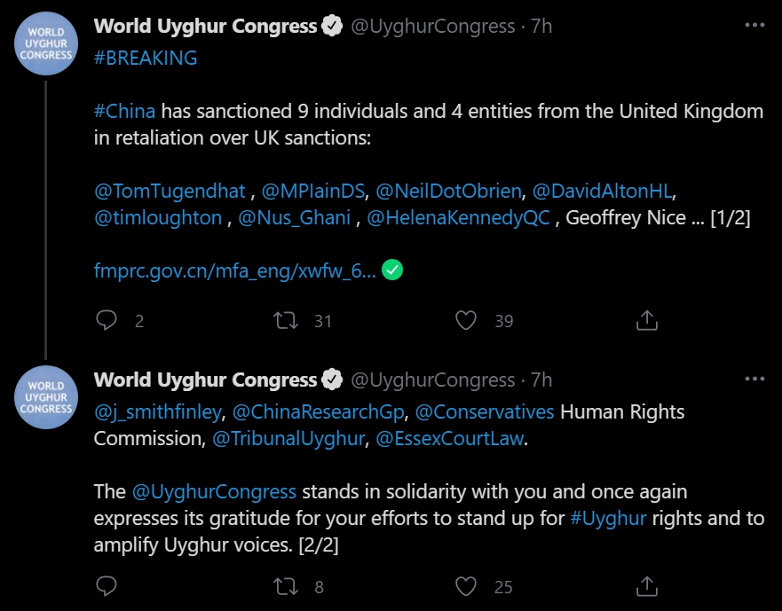 世界維吾爾代表大會（World Uighur Congress）也在官方推特上發布這則消息。 圖：翻攝自World Uighur Congress推特