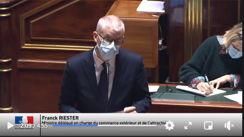 法國外貿部長里斯特（Franck Riester）指出，中國是全球的重要貿易夥伴，但雙方關係不能犧牲價值、原則以及我們捍衛的社會模式 圖：翻攝自Olivier Cadic臉書