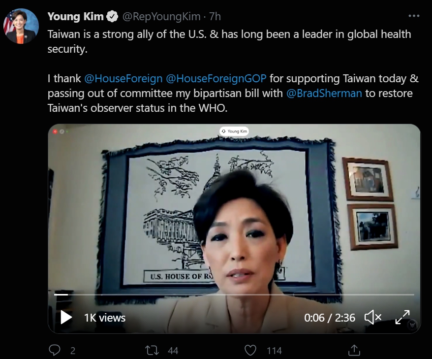 美國眾議員Young Kim在推上表示，台灣是美國重要的盟友，也是全球公衛安全的領導者。 圖：翻攝自Young Kim推特