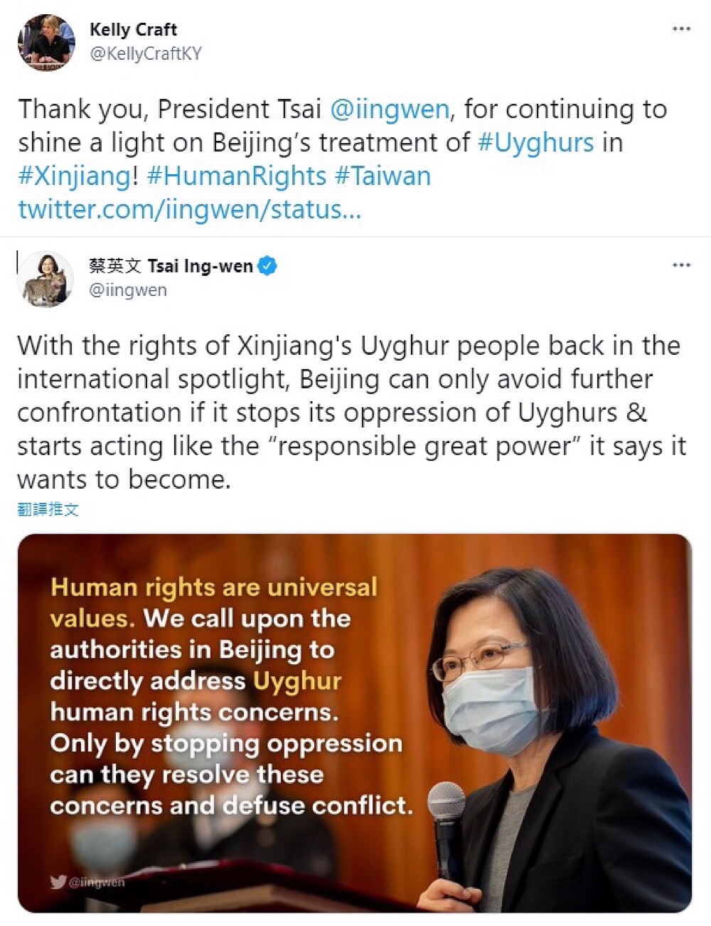 美國前駐聯合國大使克拉夫特（Kelly Craft）轉發蔡英文的推文，還特別標記了「人權」與「台灣」。