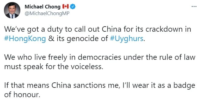 加拿大保守黨國會議員莊文浩（Michael Chong）在推特表示，將把中國的制裁當榮譽徽章。 圖 : 翻攝自Michael Chong twitter