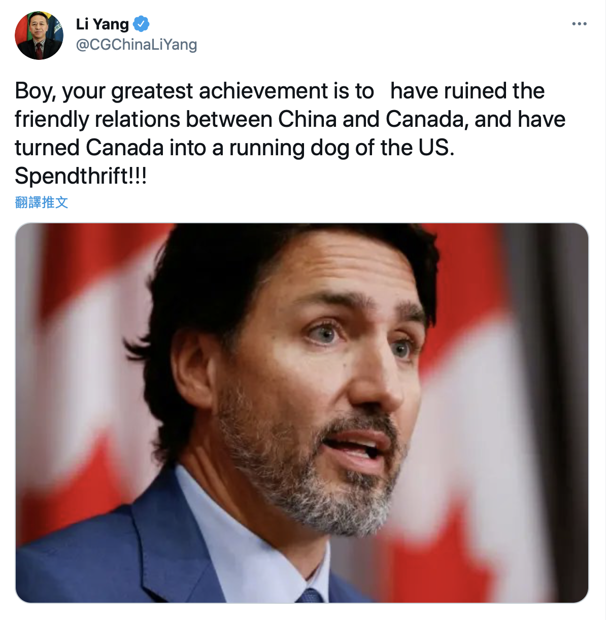 日前加拿大總理杜魯道（Justin Trudeau）因挺身為新疆人權發聲，遭中國駐里約熱內盧總領事李楊痛斥「美國走狗」。 圖：翻攝自Li Yang推特