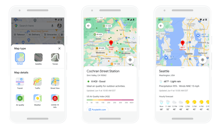 Google地圖可開始顯示各地的空氣品質及天氣狀況。 圖：翻攝自Google