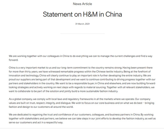 H&amp;M發表聲明，強調中國對於公司來說是一個非常重要的市場。 圖:H&amp;M