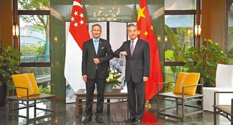 中國國務委員兼外長王毅（右）3月31日在福建南平與新加坡外長維文舉行會談。  圖：翻攝新華社