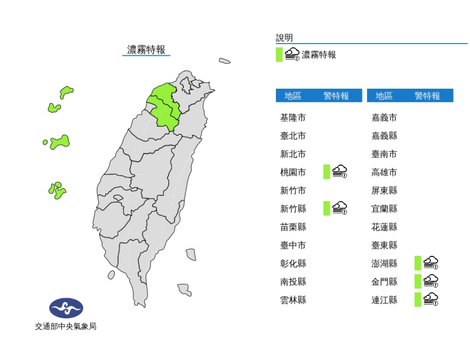 澎湖、金門、馬祖、桃園及新竹能見度不足200公尺。 圖/氣象局