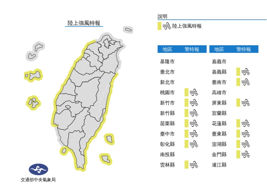 14縣市陸上強風特報，海邊活動時小心安全。