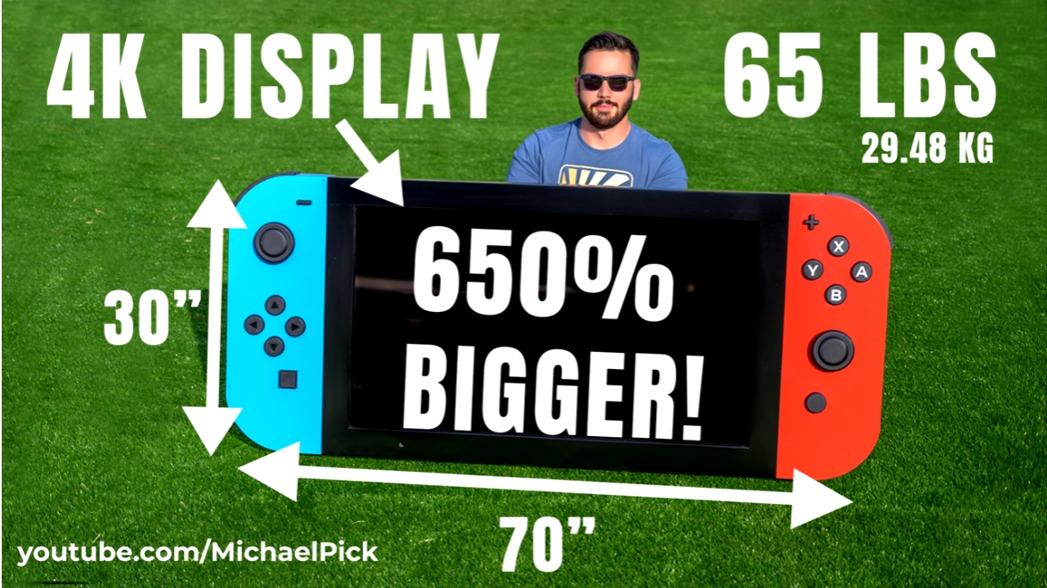 比原廠Switch大650倍的超巨大Switch誕生。 圖：翻攝自Michael Pick的YouTube頻道