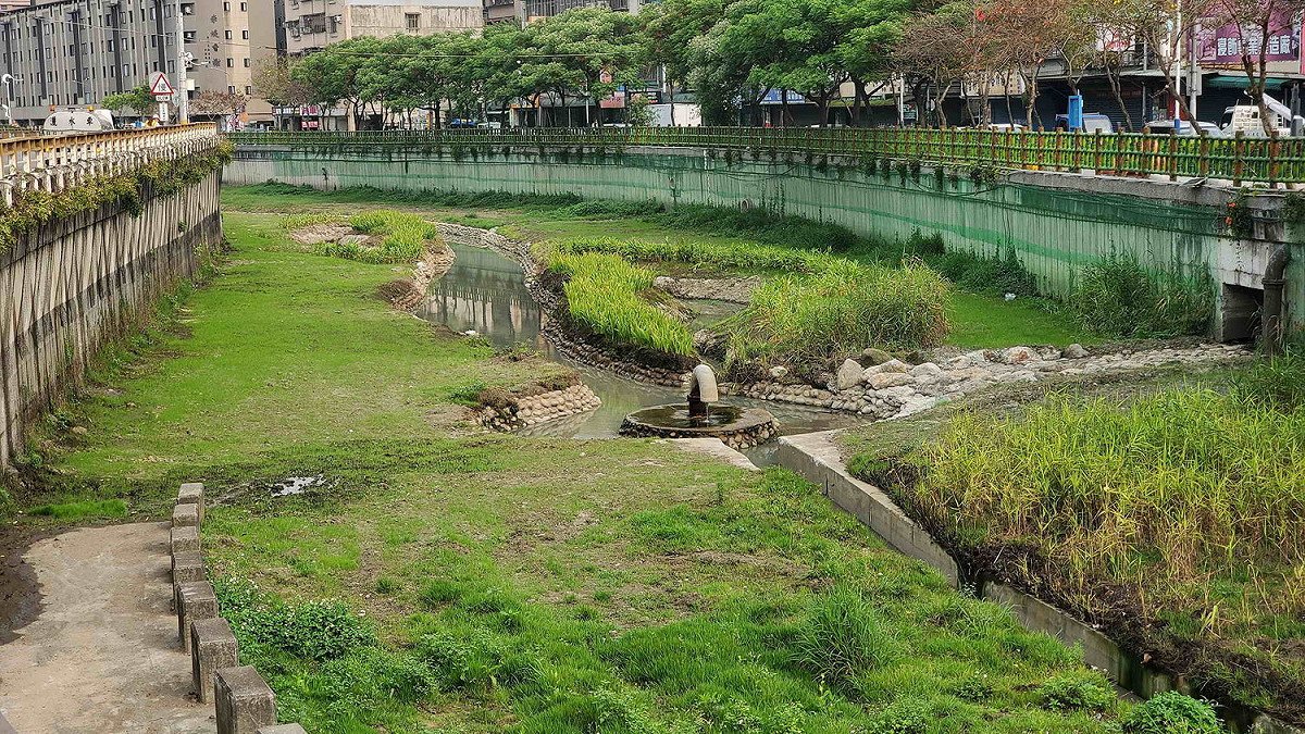 河道兩側及堤壁種植炮仗花、馬櫻丹、薜荔等相關蔓藤類植栽。 圖：新北市水利局提供