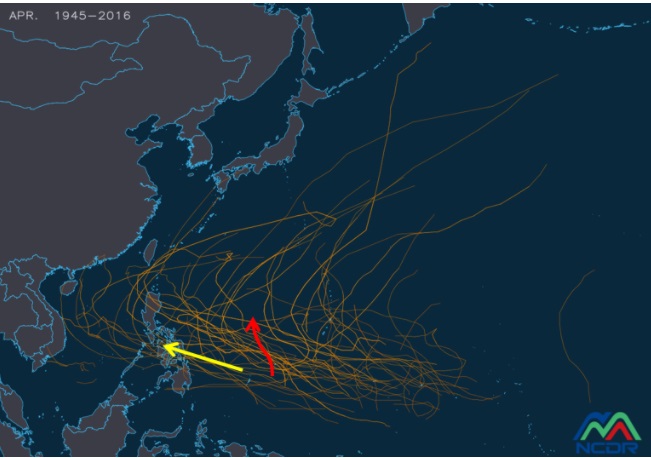 氣象專家吳德榮在「三立準氣象· 老大洩天機」專欄表示，根據8日20時模式10天的模擬路徑顯示，美國(GFS)模擬在帛琉東側北上(紅線)，歐洲(ECMWF)則是模擬抵達菲律賓中部(黃線)。歷史上「4月颱」路徑(細橙線)顯示，大致呈現3種類型的路徑，第1類在台灣東側已經迴轉，第2類穿過菲律賓繼續西進，第3類穿過菲律賓再迴轉。(圖擷自NCDR) 圖/翻攝自「三立準氣象· 老大洩天機」