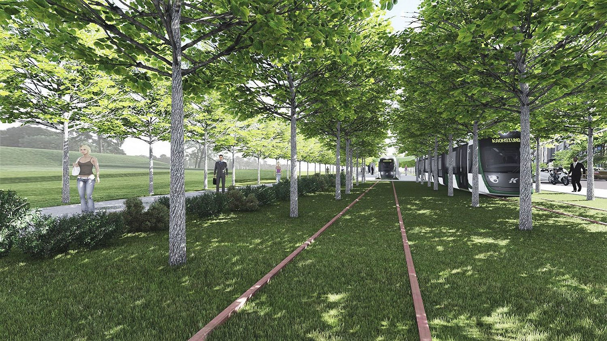 輕軌二階美術館園區路段完工後模擬圖。 圖：高雄市捷運局/提供