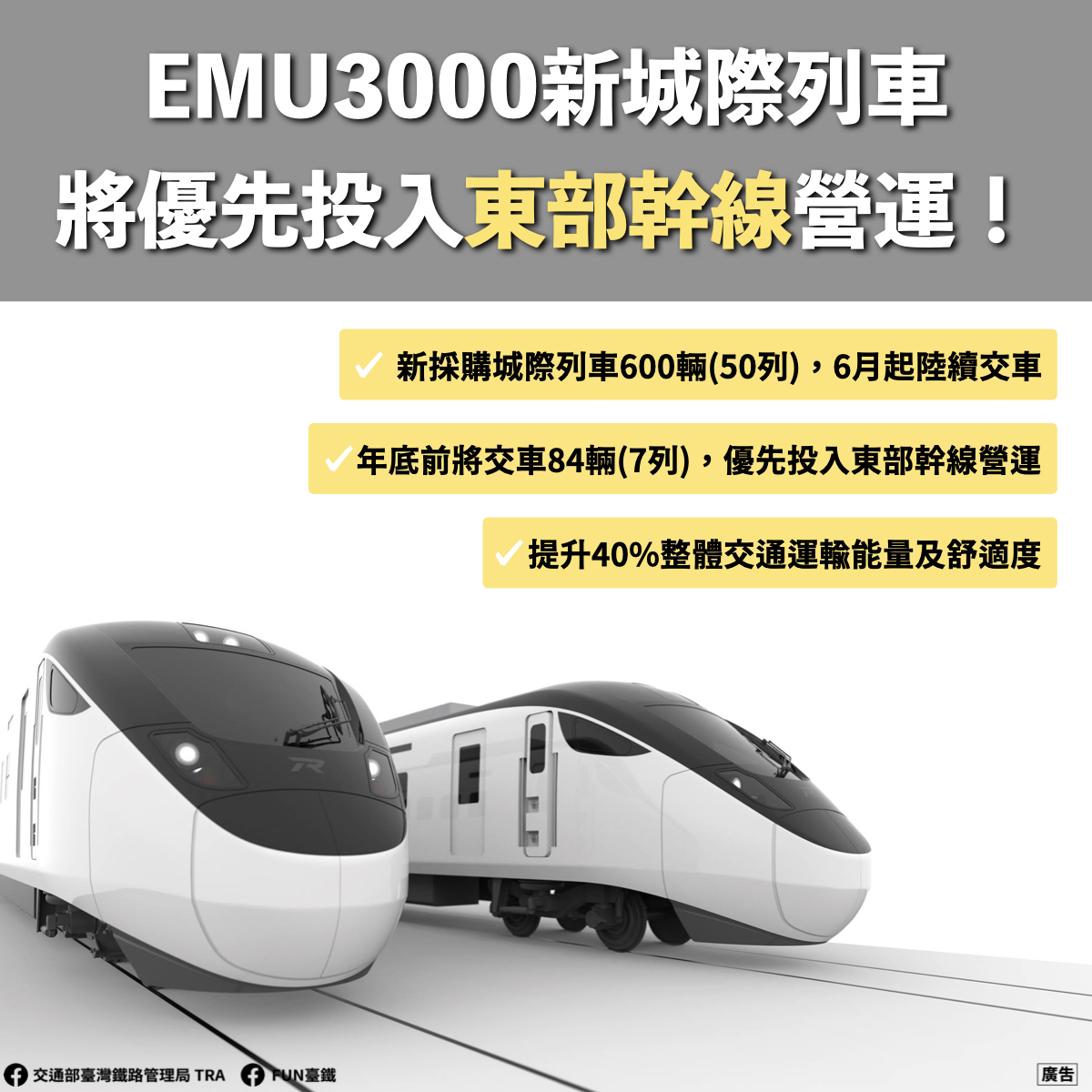 台鐵局預測新型列車上路後，將提升40％運量。 圖：台鐵／提供