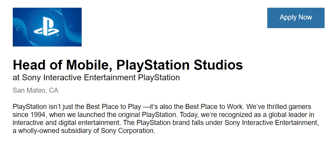 PlayStation全球工作室釋出新職缺，將成立行動裝置部門。 圖：翻攝自PlayStation職缺頁面