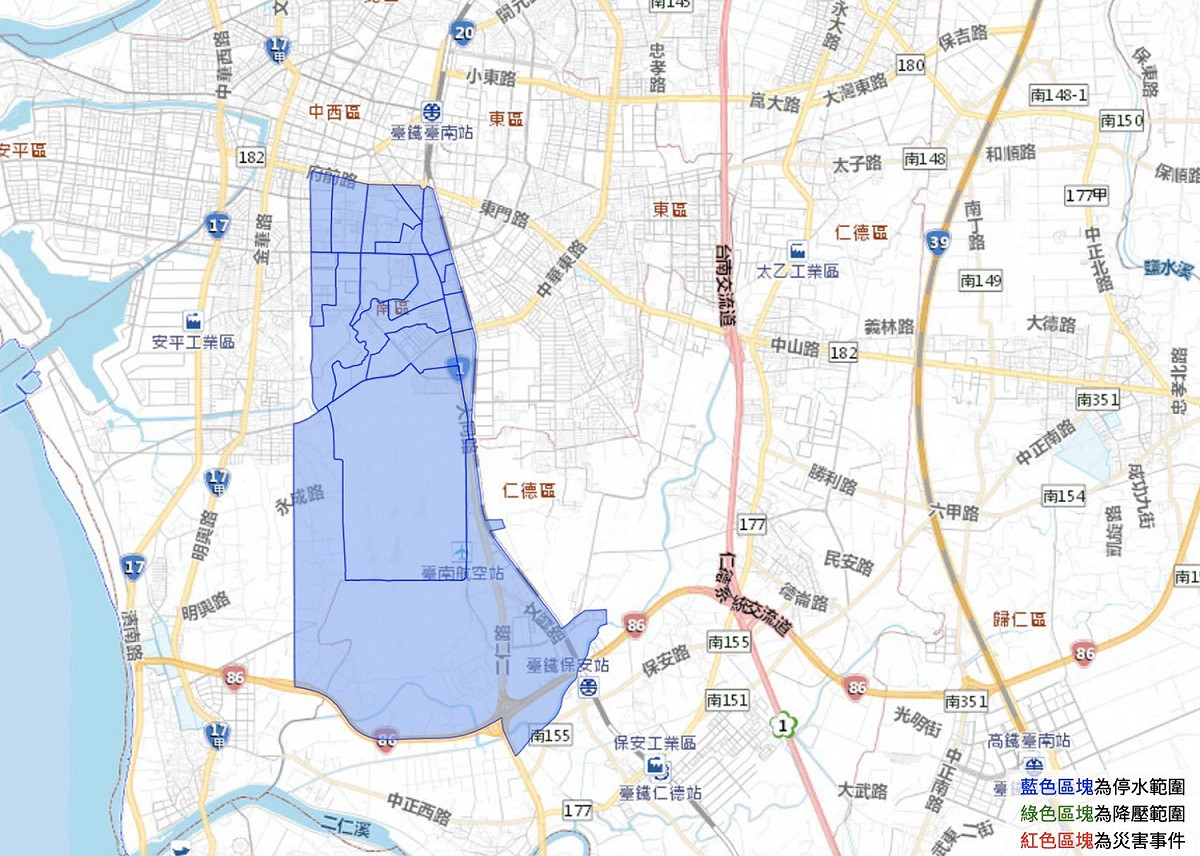 根據台灣自來水公司公布資料，台南市仁德區、中西區、南區、東區的部分區域將於明（13）日早上9時起停水44小時。 圖：翻攝自台灣自來水公司官網