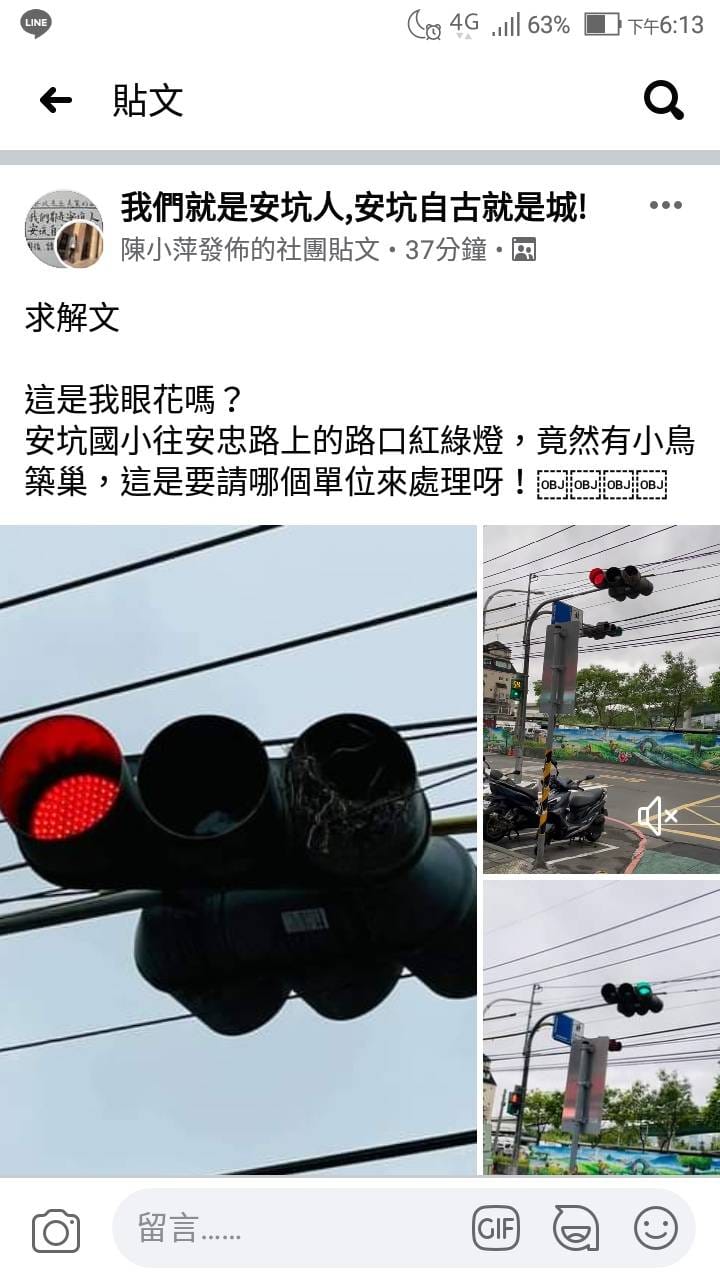 民眾在地方社群臉書PO文反映，指安坑國小往安忠路上的路口紅綠燈，竟然有小鳥築巢。 圖：新北市交通局提供