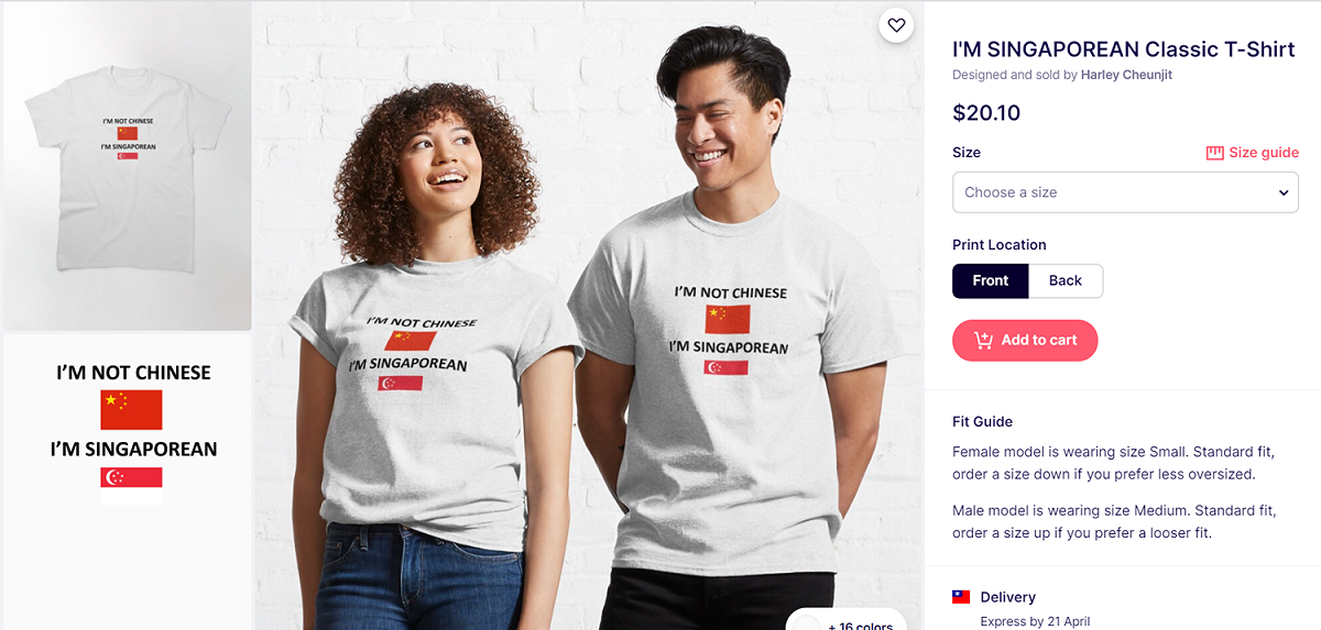 印有「I'M NOT CHINESE」的T恤。 圖：翻攝自Redbubble