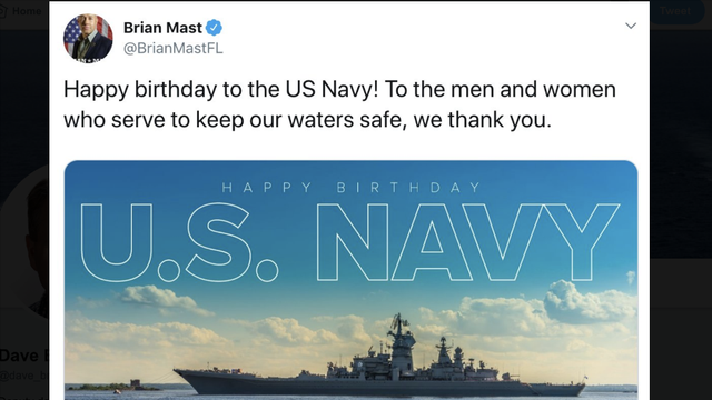 國會議員布萊恩·馬斯特之前在推特上祝美國海軍生日快樂，卻配上了俄羅斯彼得大帝號巡洋艦的照片。 圖 : 翻攝自推特