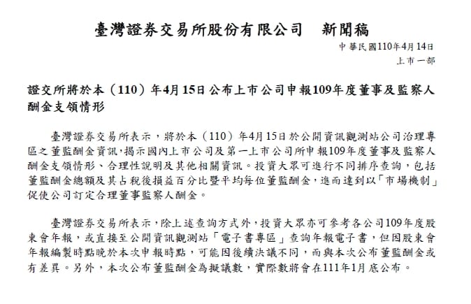 證交所15日公布去年上市櫃公司董事酬金支領情形。 圖 : 翻攝自證交所