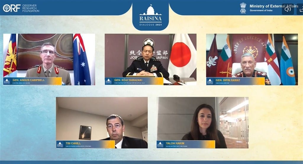 澳洲國防軍（ADF）司令康貝爾（Angus Campbell）16日在印度瑞辛納對話（Raisina Dialogue）表示，為避免台海「災難性的衝突」發生，各國應積極合作，並透過和平對話有效解決問題。」 圖：翻攝瑞辛納對話直播