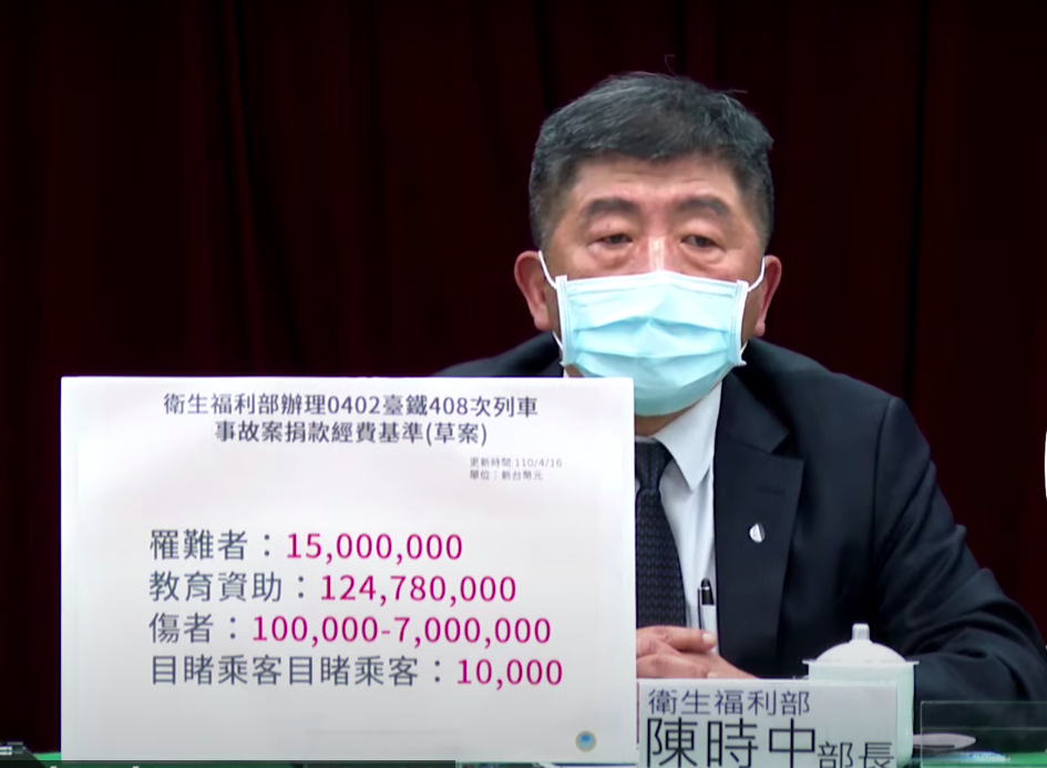 衛福部長陳時中說明太魯閣事故捐款用途。 圖：擷取自衛福部直播畫面