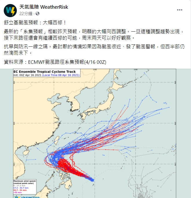 天氣風險公司今日下午表示，中颱「舒力基」的路徑大幅向西修。 圖：翻攝自臉書「天氣風險 WeatherRisk」