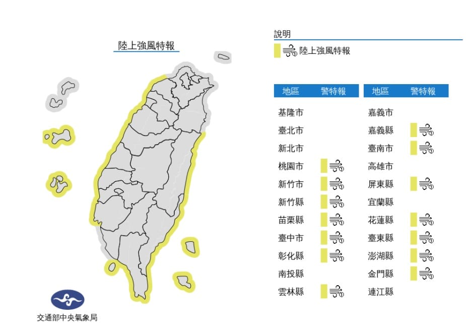 東北風增強，14縣市陸上強風特報，請小心安全。 圖/氣象局
