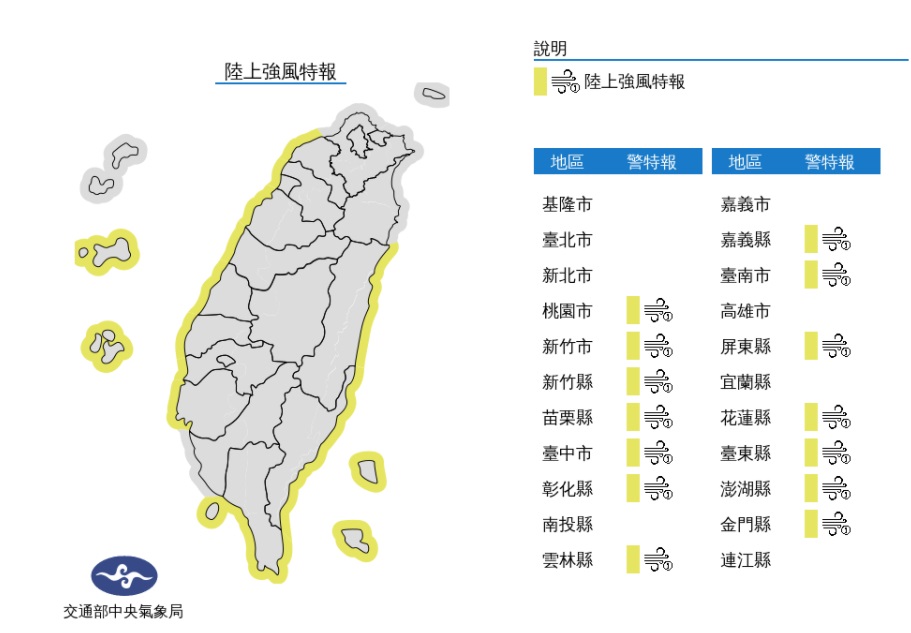 氣象局針對14縣市發布陸上強風特報。 圖/氣象局
