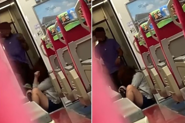 台鐵列車上一名男子當眾直接毆打身旁的女子，還對女子踢頭辱罵。 圖：翻攝花蓮爆料公社