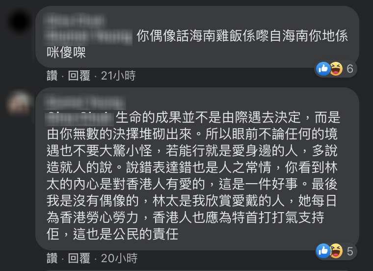 愛港網友表示，林鄭是他最欣賞愛戴的人，每日為香港勞心勞力，為特首打氣加油是公民的責任。 圖：翻攝自林鄭月娥臉書