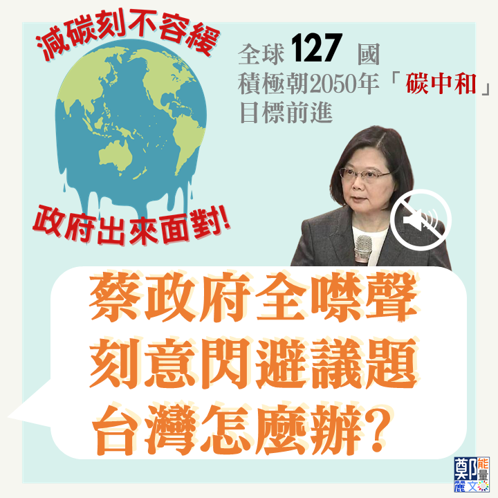 國民黨立委鄭麗文表示，全球127國都朝2050年「碳中和」目標努力，台灣碳排量卻日益增高，但蔡政府卻全部噤聲不表態。