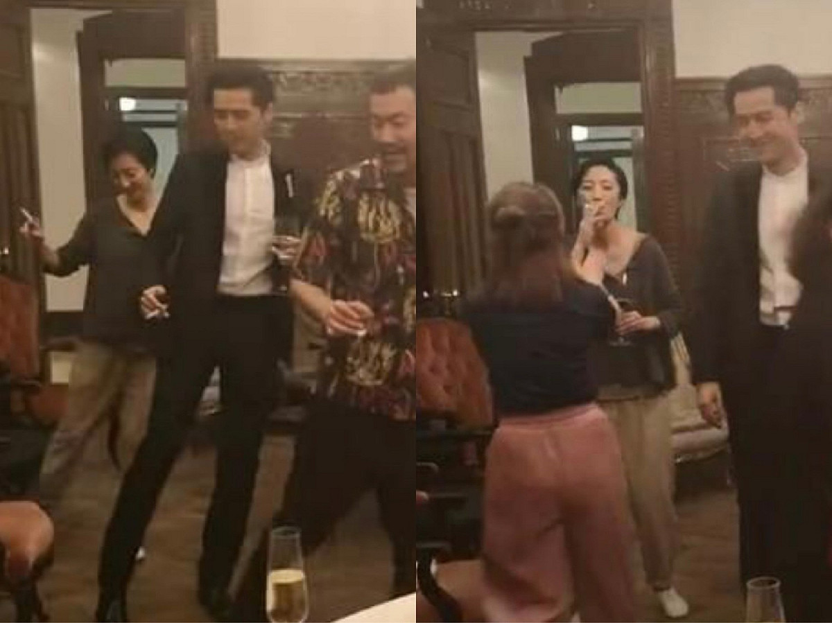 桂綸鎂與胡歌竟在聚會裡一邊喝酒一邊抽煙。 圖：翻攝自微博