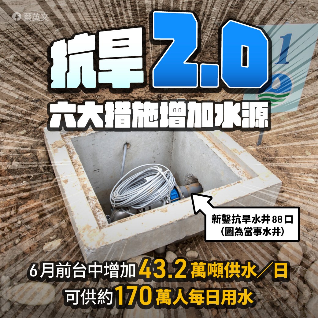 總統蔡英文在臉書PO出台中抗旱水井的照片。 圖：翻攝自蔡英文臉書