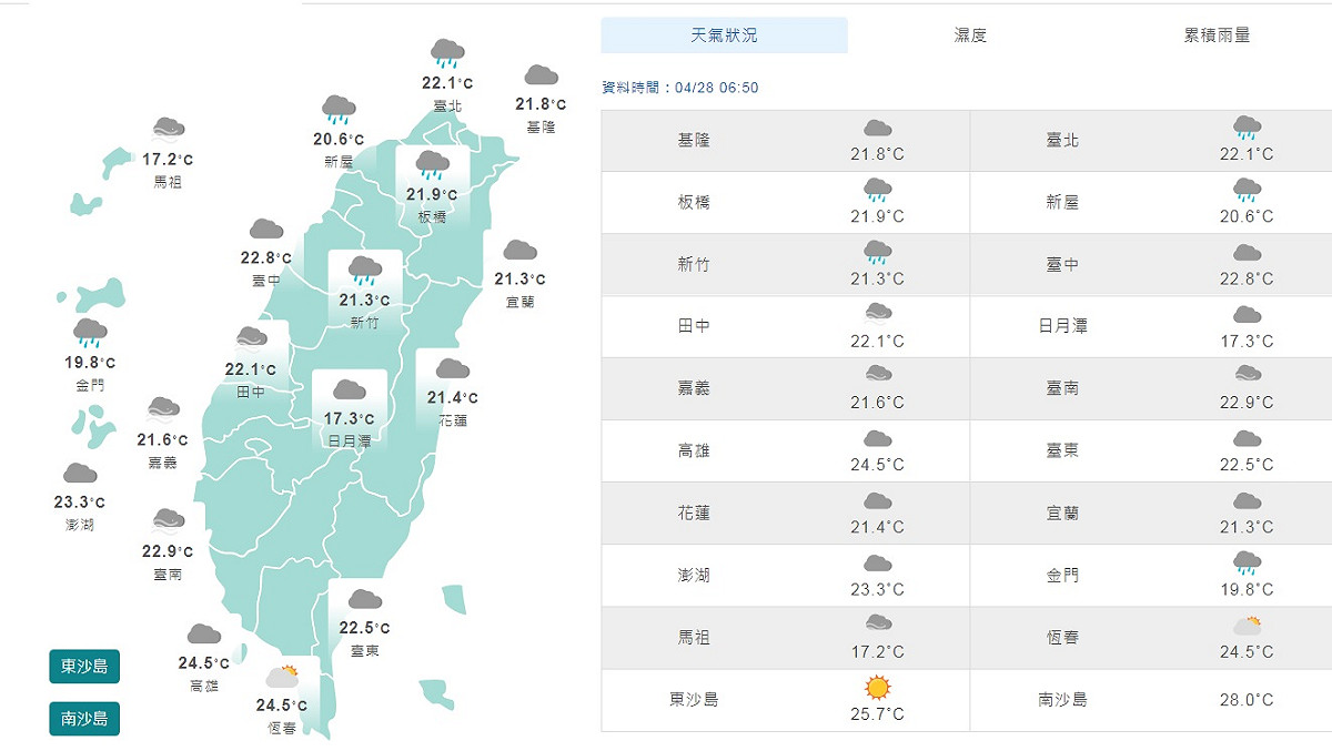 今天一早，包括雙北、桃園與新竹都陸續開始下雨，預測中部稍晚也將有雨。 圖：中央氣象局/提供