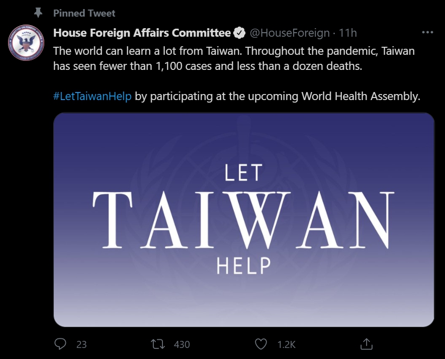 眾議院外交委員會在推特上力挺台灣參與WHA 圖：翻攝自眾議院外交委員會twitter