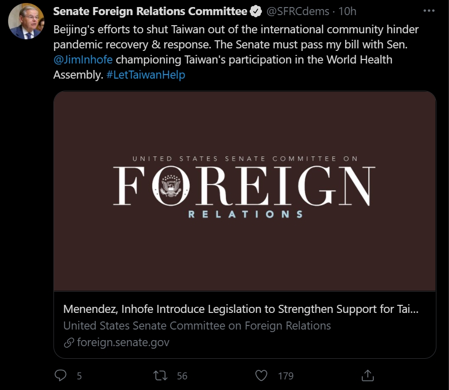 參議院外交委員會呼籲讓台灣幫忙。 圖：翻攝自參議院外交委員會twitter