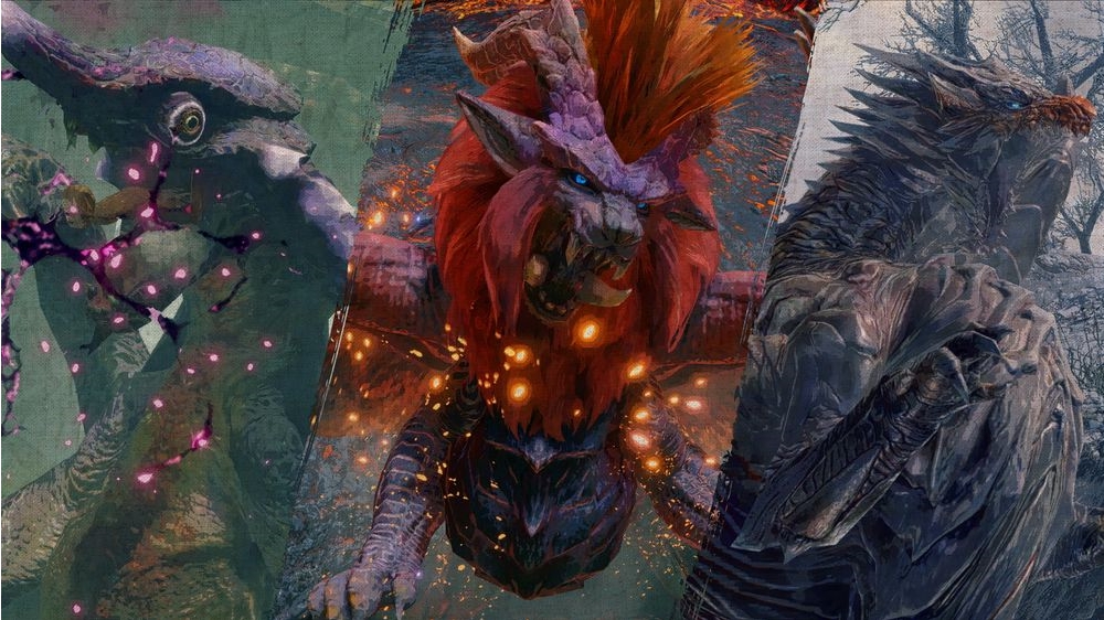 《魔物獵人 崛起》「版本2.0」將更新三隻古龍：（左起）霞龍、炎王龍、鋼龍。 圖：翻攝自卡普空