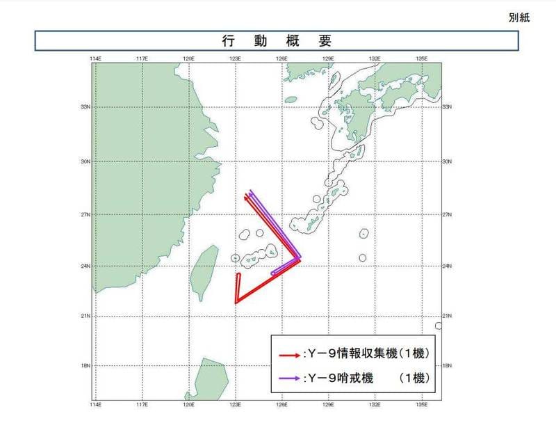 解放軍機穿越宮古海峽，逼近台灣東部海域。 圖：翻攝防衛省統合幕僚監部推特
