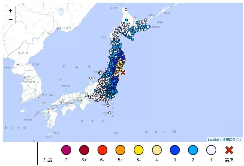 日本宮城縣外海上午發生規模6.6地震。 圖/日本氣象廳