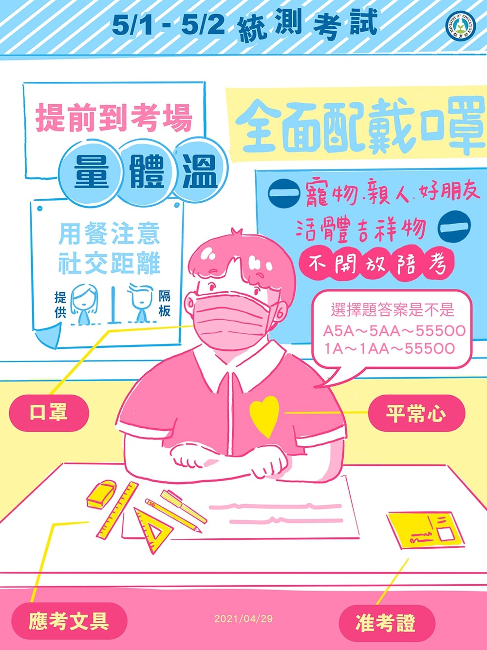 統測今明兩天登場，考生與家長須留意防疫規定。 圖：翻攝自潘文忠臉書