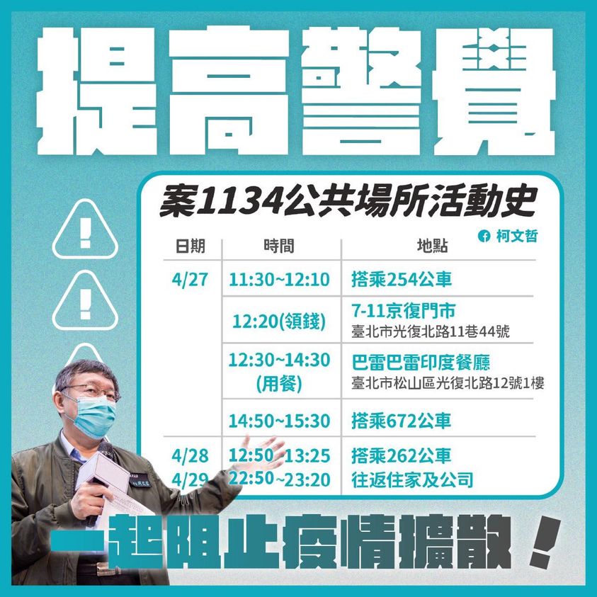 柯文哲聚焦於確診個案1134。 圖：翻攝柯文哲臉書