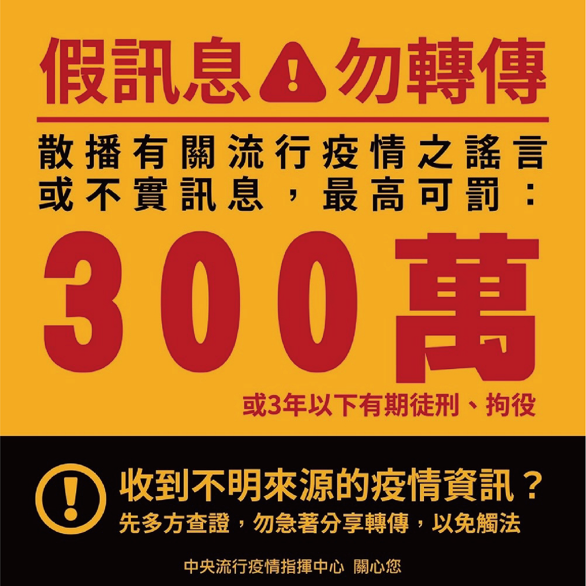指揮中心表示隨意散撥播疫情相關謠言最高可罰300萬。 圖：中央流行疫情指揮中心/提供